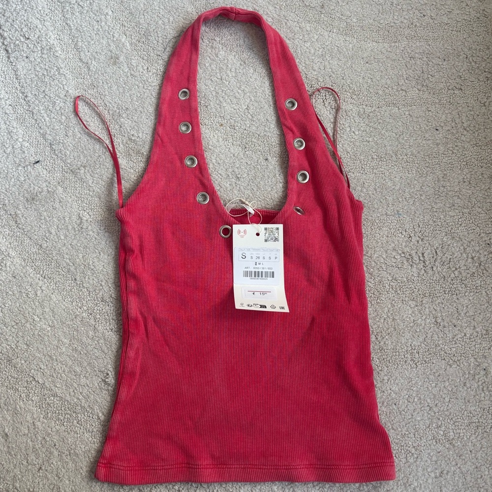 Zara Red Halter Tank Top with Grommet Detail